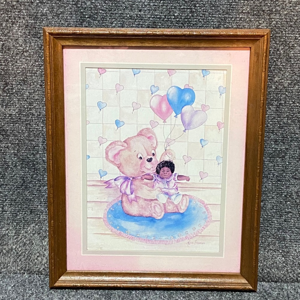 Vintage Homco Ava Freeman Framed Nursery Art Teddy Bear Heart Balloons 1163A0